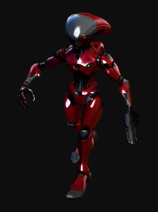 3D model for an Alien Robot, in colors dark red and gray, with a ion pistol weapon, art for game mobile