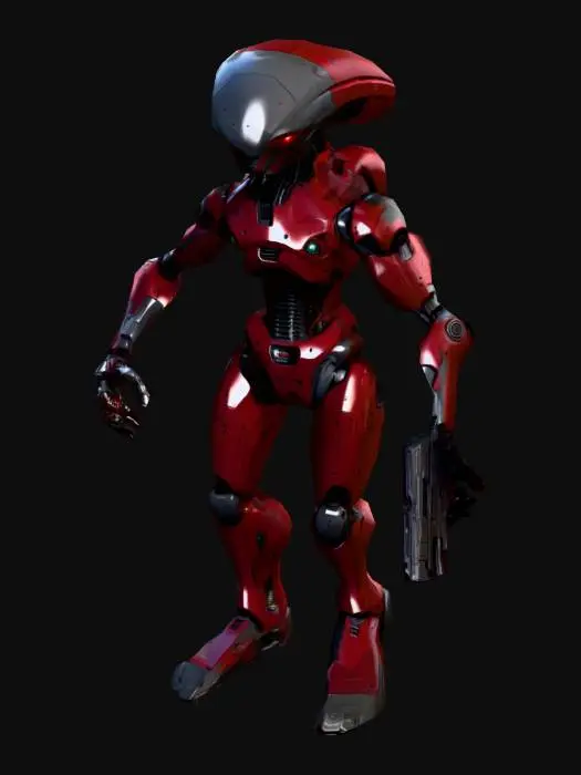 3D model for an Alien Robot, in colors dark red and gray, with a ion pistol weapon, art for game mobile
