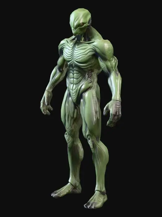 3D model for um alienígena militar, olhos grandes verdes, corpo em cores cinzas, altamente detalhado; ultra realístico; em A pose, arte para jogo mobile