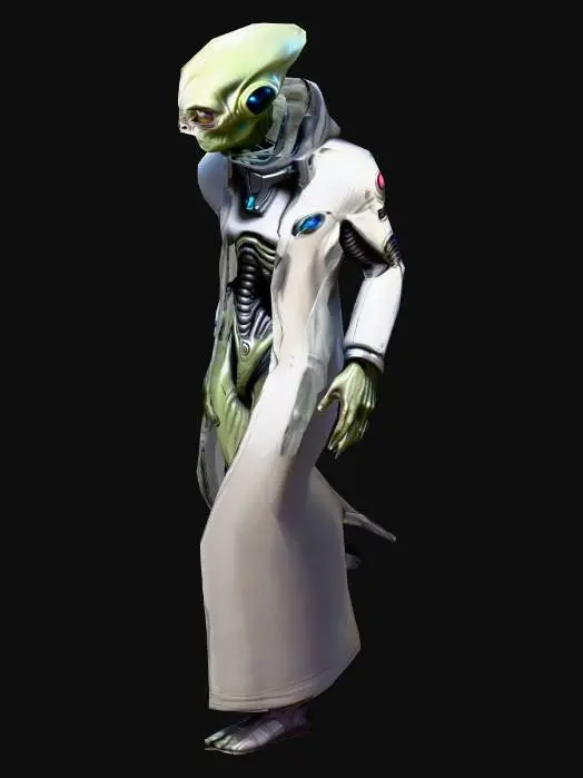 3D model for um cientista alienígena, olhos grandes; corpo altamente detalhado, ultra realístico; em pose A, armado com uma pistola phaser; arte para jogo mobile