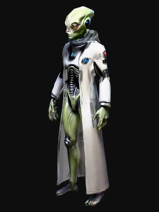 3D model for um cientista alienígena, olhos grandes; corpo altamente detalhado, ultra realístico; em pose A, armado com uma pistola phaser; arte para jogo mobile
