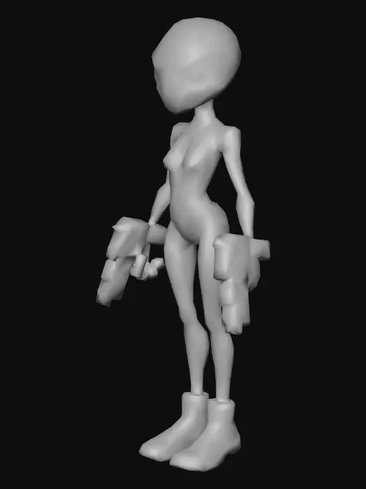 3D model for An alien scientist, large eyes bulging from their sockets; highly detailed body; ultra-realistic; with ions pistol weapon; art for mobile game.