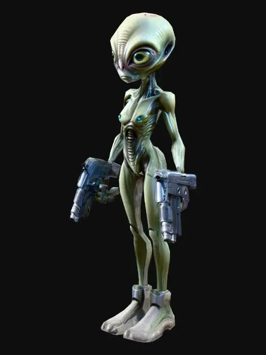 3D model for An alien scientist, large eyes bulging from their sockets; highly detailed body; ultra-realistic; with ions pistol weapon; art for mobile game.