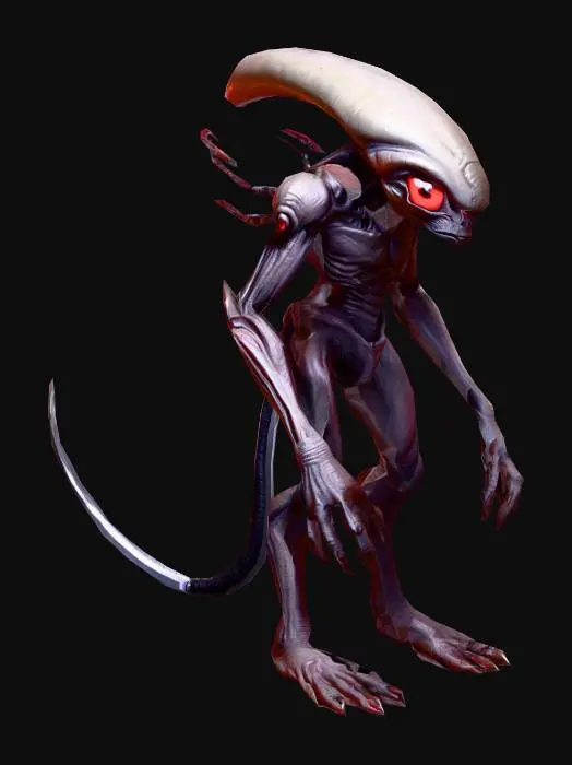 3D model for a alien worker, big red eyes, robust body, ultra realistic, natural A pose, extremed details, with a mediam sword  weapon, art for desktop game