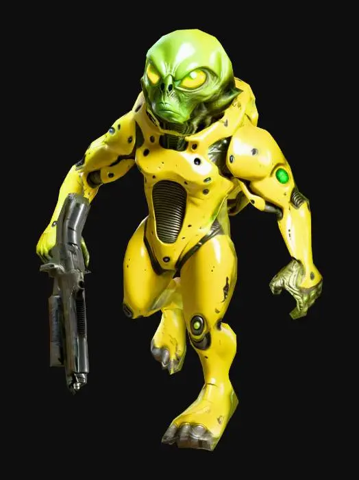 3D model for a alien soldier; with big green eyes,  with a yellow color robust body; ultra realistic; extremed details; in natural A pose; with an ion pistol  weapon;art for desktop game
