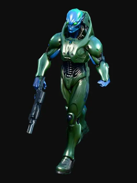 3D model for an alien soldier; with the gigantic dark blue eyes, with a dark green color robust body; ultra realistic; extremed details; in natural A pose; with an psionic pistol weapon ;art for mobile game