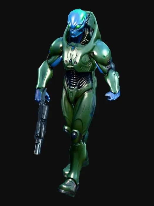 3D model for an alien soldier; with the gigantic dark blue eyes, with a dark green color robust body; ultra realistic; extremed details; in natural A pose; with an psionic pistol weapon ;art for mobile game