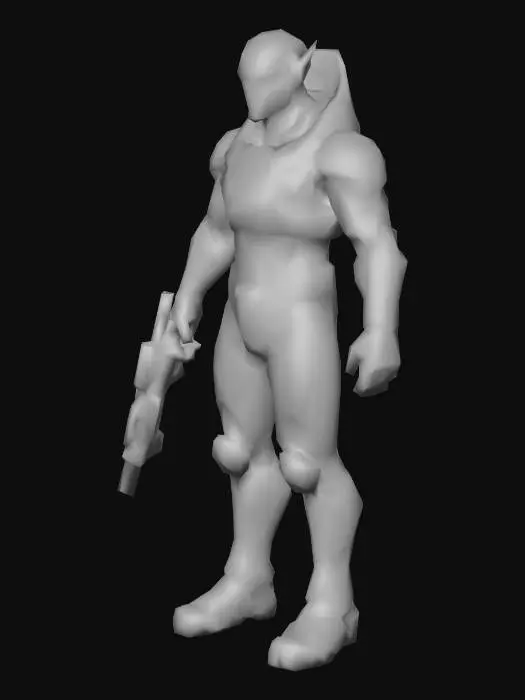 3D model for an alien soldier; with the gigantic dark blue eyes, with a dark green color robust body; ultra realistic; extremed details; in natural A pose; with an psionic pistol weapon ;art for mobile game