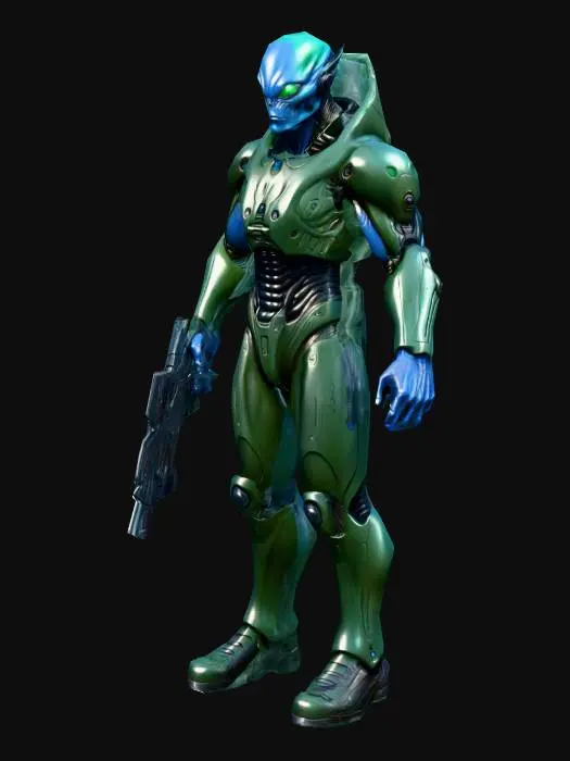 3D model for an alien soldier; with the gigantic dark blue eyes, with a dark green color robust body; ultra realistic; extremed details; in natural A pose; with an psionic pistol weapon ;art for mobile game