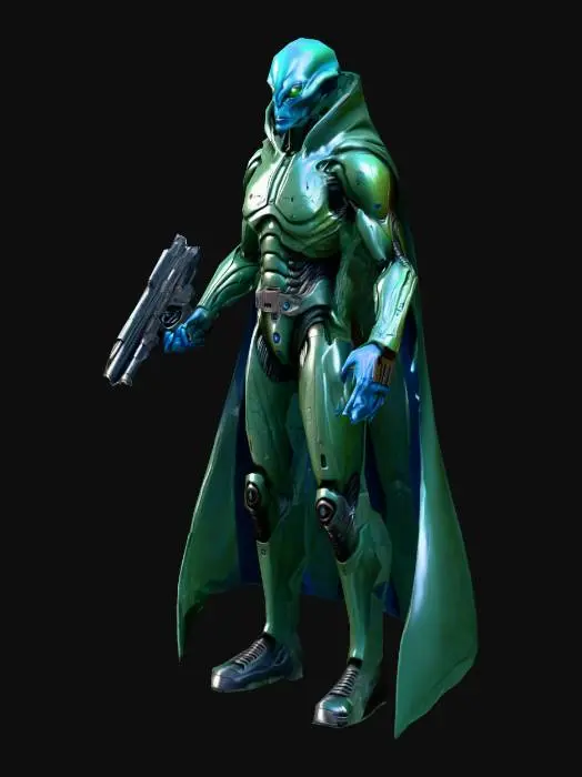 3D model for an alien soldier; with the gigantic dark blue eyes, with a dark green color robust body; ultra realistic; extremed details; in natural A pose; with an psionic pistol weapon ;art for mobile game