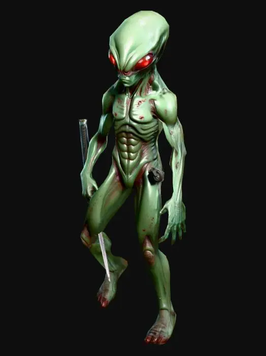 3D model for an alien medic, with a huge dark red eyes,  with a dark green color  robust body; ultra realistic; extremed details, in natural A-pose; with a knife, art for mobile game