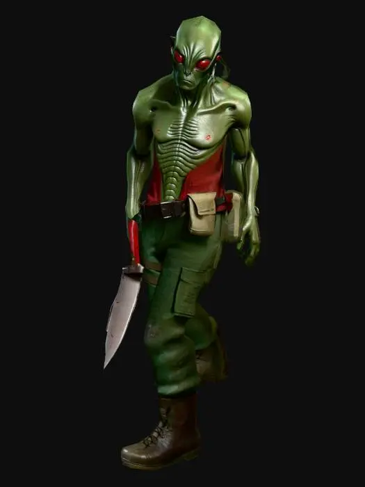 3D model for an alien industrial worker, with a little dark red eyes, with a dark green color robust body, in a flax clothes; ultra realistic; extremed details, in natural A-pose; with a knife, art for mobile game