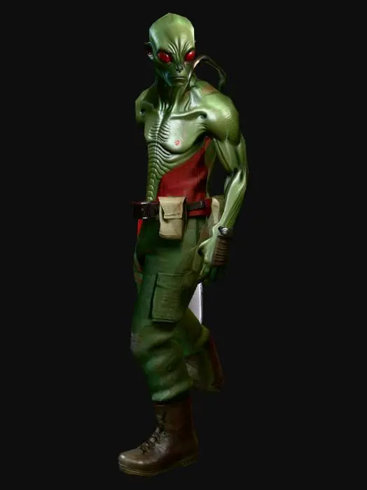 3D model for an alien industrial worker, with a little dark red eyes, with a dark green color robust body, in a flax clothes; ultra realistic; extremed details, in natural A-pose; with a knife, art for mobile game