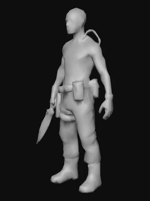 3D model for an alien industrial worker, with a little dark red eyes, with a dark green color robust body, in a flax clothes; ultra realistic; extremed details, in natural A-pose; with a knife, art for mobile game