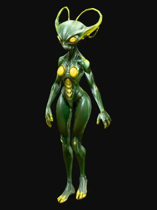3D model for A highly detailed fantasy alien worker model, with yellow huge eyes; with dark green colors in a massive,muscular and robust body ; art for game mobile