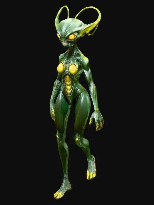 3D model for A highly detailed fantasy alien worker model, with yellow huge eyes; with dark green colors in a massive,muscular and robust body ; art for game mobile