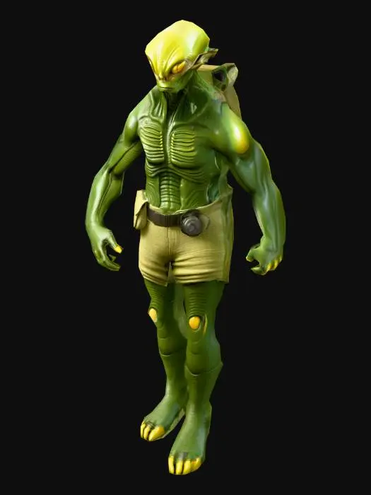 3D model for an alien worker, with dark yellow eyes, with a dark green color robust body, wears flax clothes; ultra realistic; extremed details; no tails, art for mobile game
