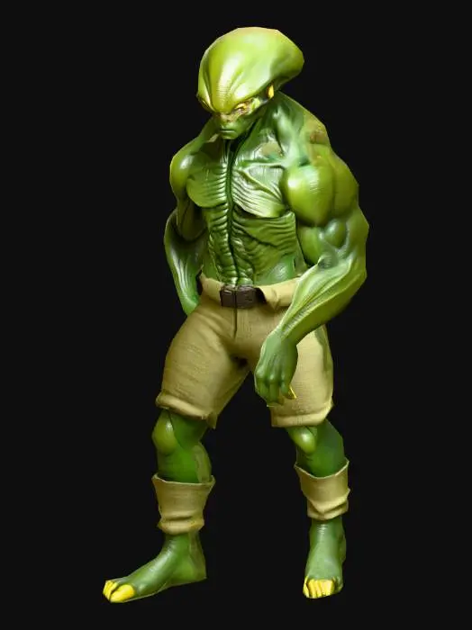 3D model for an alien worker, with dark yellow eyes, with a dark green color robust body, wears flax clothes; ultra realistic; extremed details, in natural A-pose; no tails, art for mobile game