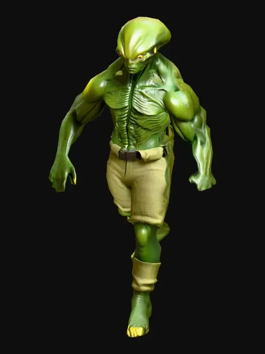 3D model for an alien worker, with dark yellow eyes, with a dark green color robust body, wears flax clothes; ultra realistic; extremed details, in natural A-pose; no tails, art for mobile game