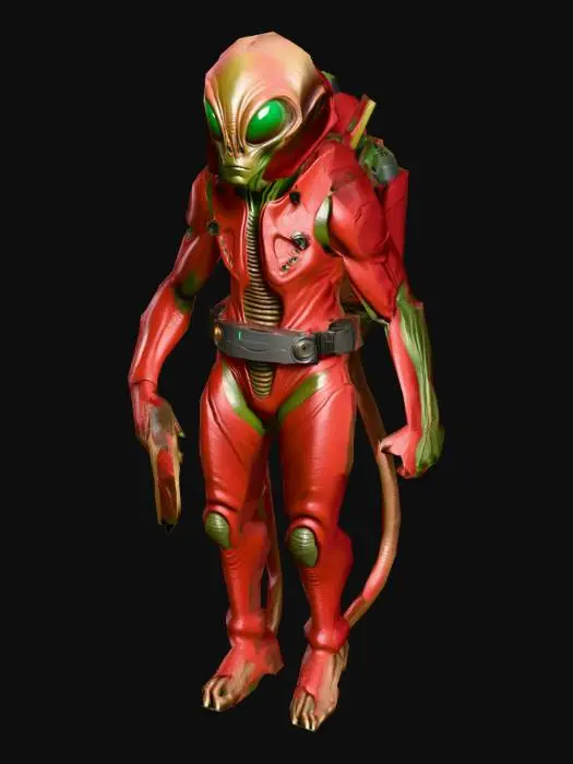 3D model for an alien worker, with dark  green eyes,  with a dark red color  robust body, wears flax clothes;  ultra realistic; extremed details; no tails, art for mobile game