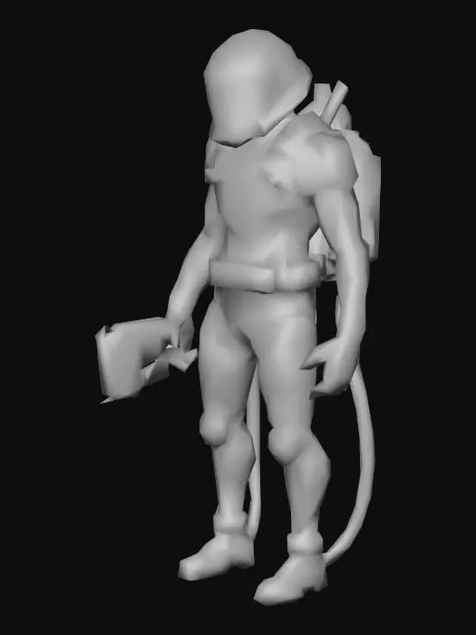 3D model for an alien worker, with dark  green eyes,  with a dark red color  robust body, wears flax clothes;  ultra realistic; extremed details; no tails, art for mobile game