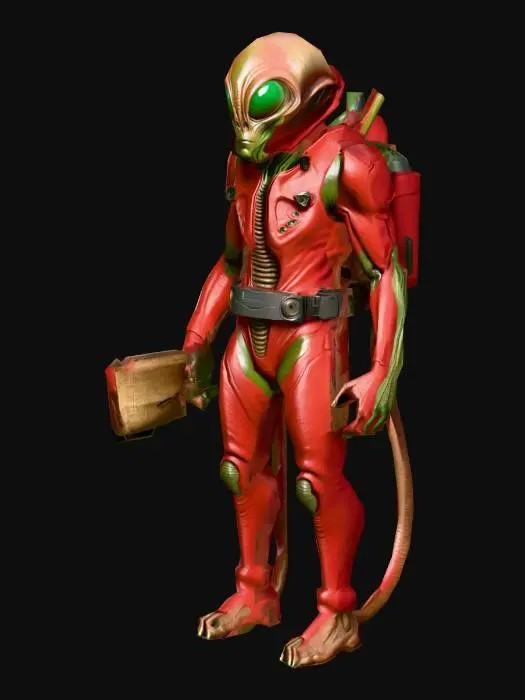 3D model for an alien worker, with dark  green eyes,  with a dark red color  robust body, wears flax clothes;  ultra realistic; extremed details; no tails, art for mobile game
