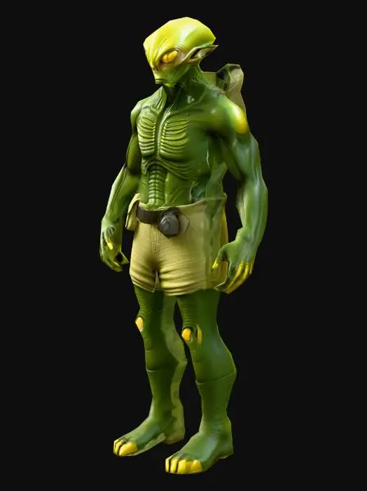 3D model for an alien worker, with dark yellow eyes, with a dark green color robust body, wears flax clothes; ultra realistic; extremed details; no tails, art for mobile game
