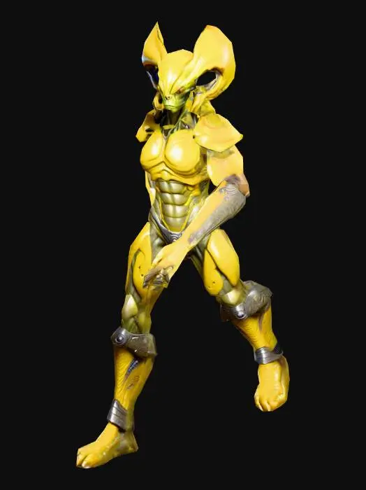 3D model for An Alien Warrior highly detailed; with big eyes in color yellow;  massive, muscular body and rough; art for game mobile