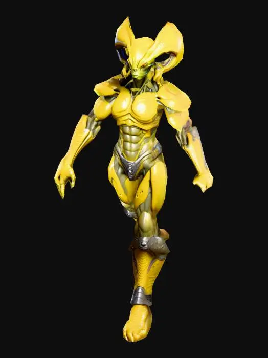 3D model for An Alien Warrior highly detailed; with big eyes in color yellow;  massive, muscular body and rough; art for game mobile