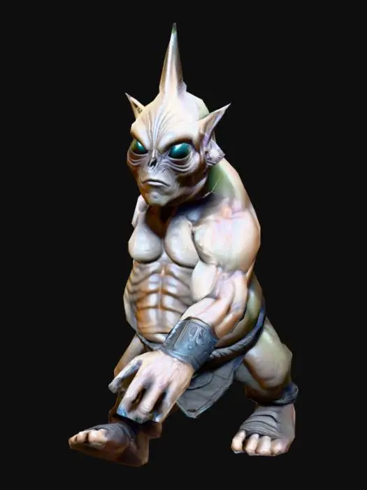 3D model for An Alien Warrior highly detailed; with big eyes; massive, muscular body and rough; ultra realistic, art for game mobile