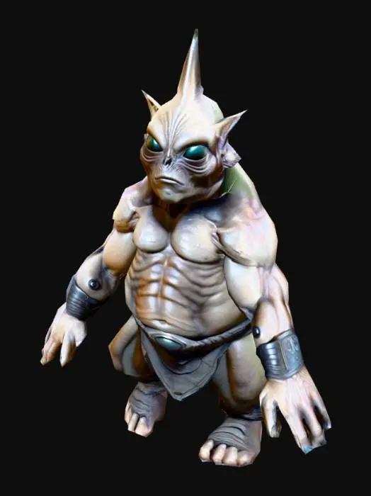3D model for An Alien Warrior highly detailed; with big eyes; massive, muscular body and rough; ultra realistic, art for game mobile