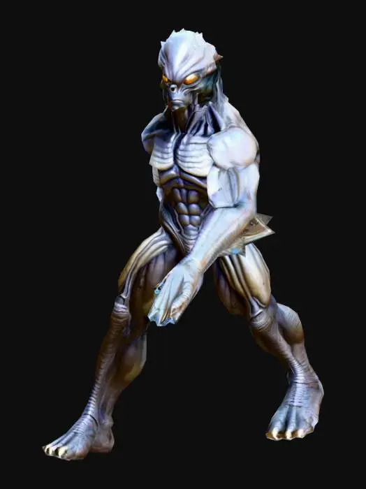 3D model for An Alien Warrior highly detailed; with big eyes; massive, muscular, robust body; ultra realistic, art for game mobile