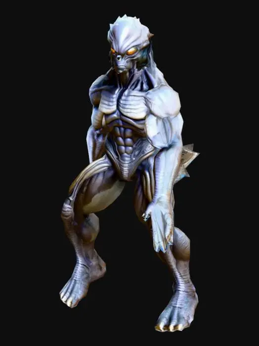 3D model for An Alien Warrior highly detailed; with big eyes; massive, muscular, robust body; ultra realistic, art for game mobile