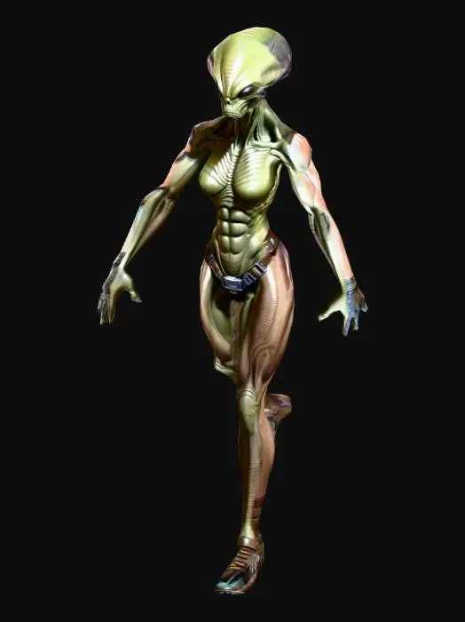 3D model for um guerreiro alienígena, corpo robusto, musculoso; carrega uma muchila de couro, tem um cinturão com diversos dispositivos; arte para jogo mobile