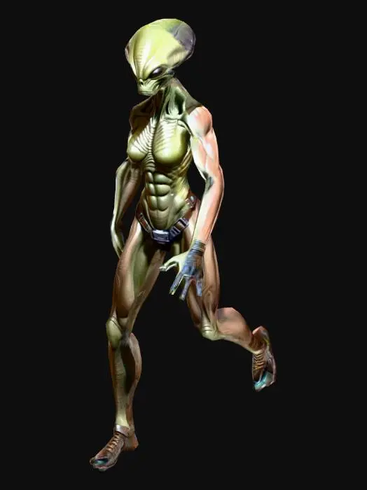 3D model for um guerreiro alienígena, corpo robusto, musculoso; carrega uma muchila de couro, tem um cinturão com diversos dispositivos; arte para jogo mobile