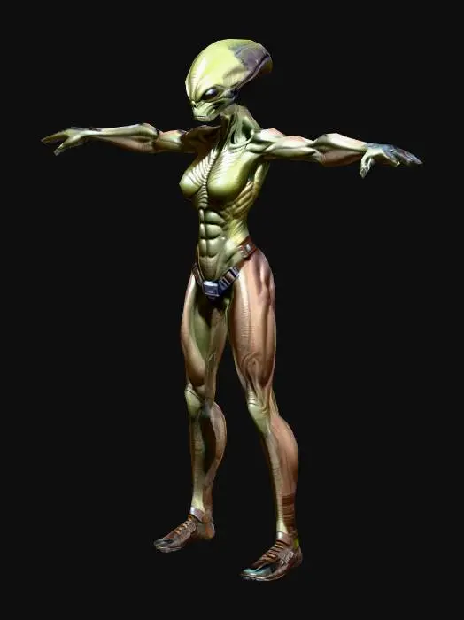 3D model for um guerreiro alienígena, corpo robusto, musculoso; carrega uma muchila de couro, tem um cinturão com diversos dispositivos; arte para jogo mobile