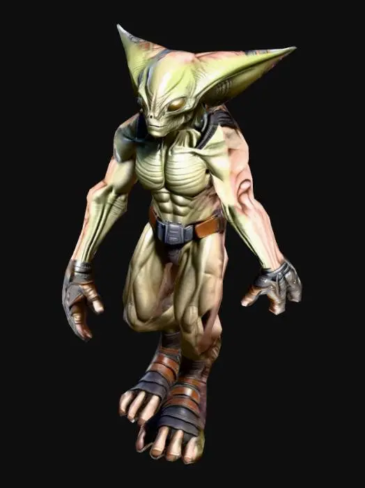 3D model for um guerreiro alienígena; corpo robusto, musculoso; carrega uma mochila de couro nas costas,;usa um cinturão com diversos dispositivos; altamente detalhado, ultra realístico; arte para jogo mobile