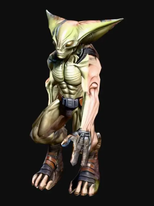 3D model for um guerreiro alienígena; corpo robusto, musculoso; carrega uma mochila de couro nas costas,;usa um cinturão com diversos dispositivos; altamente detalhado, ultra realístico; arte para jogo mobile