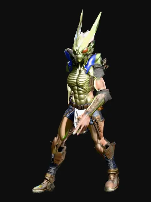 3D model for um guerreiro alienígena; corpo robusto, musculoso; veste uma bermuda de algodão; carrega uma mochila de couro nas costas; tem um cinturão com diversas; granadas sônicas;  altamente detalhado; ultra realístico; arte para jogo mobile