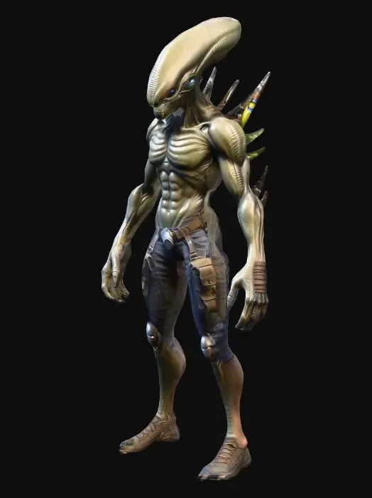 3D model for um guerreiro alienígena; corpo robusto, musculoso; veste uma calça de algodão; carrega uma mochila grande de flax cores escuras nas costas; usa um cinturão com diversas granadas sônicas;  altamente detalhado; ultra realístico;