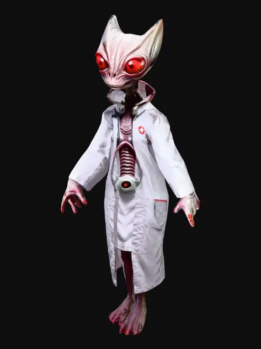 3D model for um médico alienígena, com olhos grandes vermelhos; veste roupas médicas de algodão, estilo ficção científica;extremamente  detalhado; ultra realístico