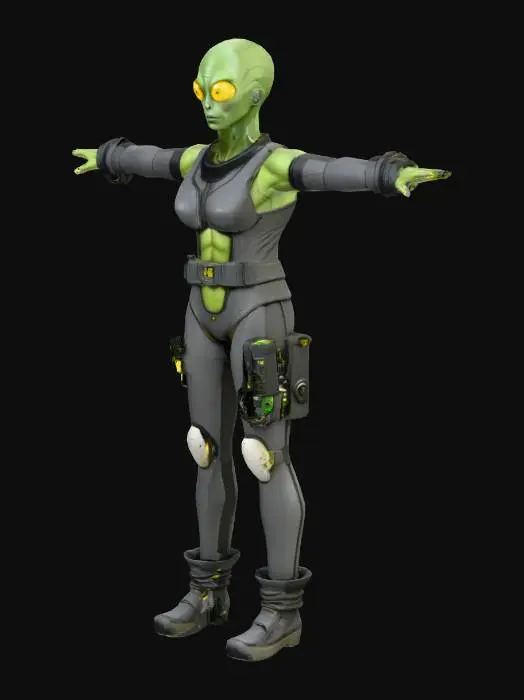 3D model for um engenheiro alienígena, com olhos grandes amarelos; corpo forte e robusto; veste roupa de algodão, estilo ficção científica; extremamente detalhado; ultra realístico