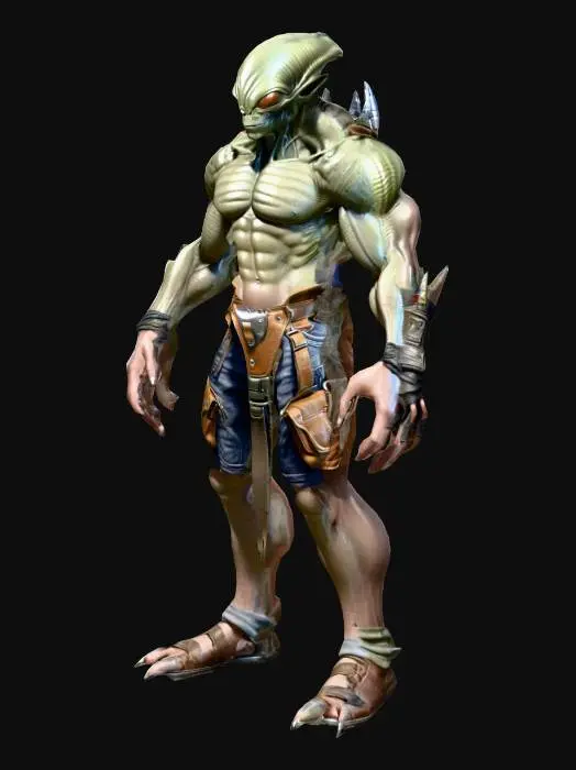 3D model for um guerreiro alienígena; corpo robusto, musculoso; veste uma bermuda de algodão; carrega uma mochila de couro nas costas; tem um cinturão com diversas; granadas sônicas;  altamente detalhado; ultra realístico; arte para jogo mobile