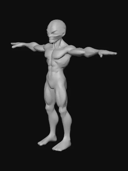 3D model for A highly detailed fantasy alien worker model, with big eyes red, body in dark gray colors, and with a massive, muscular body and rough, art for game desktop