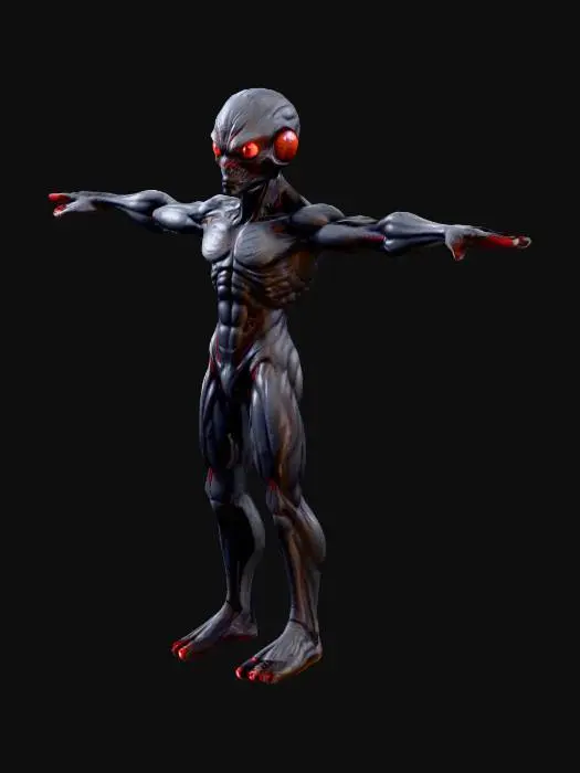 3D model for A highly detailed fantasy alien worker model, with big eyes red, body in dark gray colors, and with a massive, muscular body and rough, art for game desktop