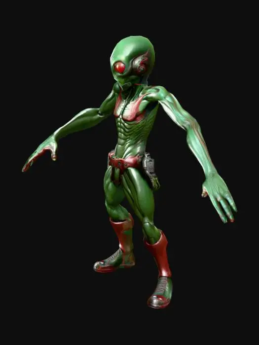 3D model for A highly detailed alien worker model, with big eyes dark green colors, body in dark red colors, and with a massive, muscular body and rough, art for game mobile