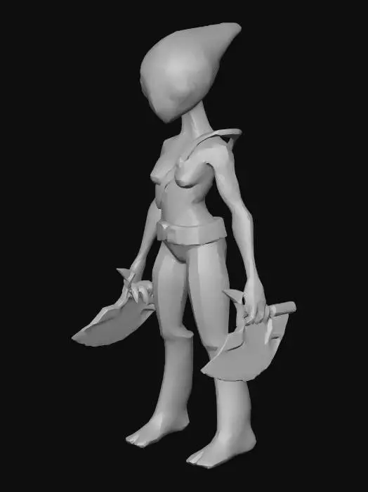3D model for A highly detailed alien hunter model, with big eyes in dark green colors, body in dark red colors, and with a massive, muscular body and rough, in Natural A-Pose; with a weapon hunter's knife in left hand; art for game mobile