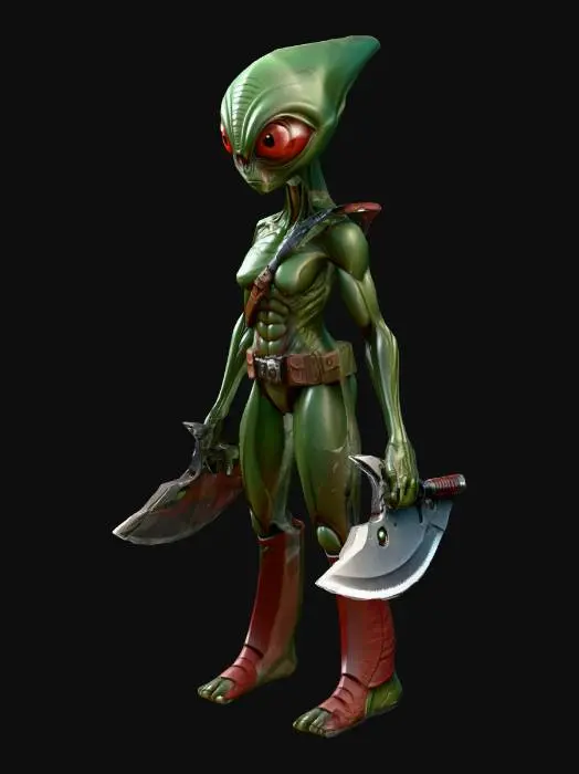 3D model for A highly detailed alien hunter model, with big eyes in dark green colors, body in dark red colors, and with a massive, muscular body and rough, in Natural A-Pose; with a weapon hunter's knife in left hand; art for game mobile