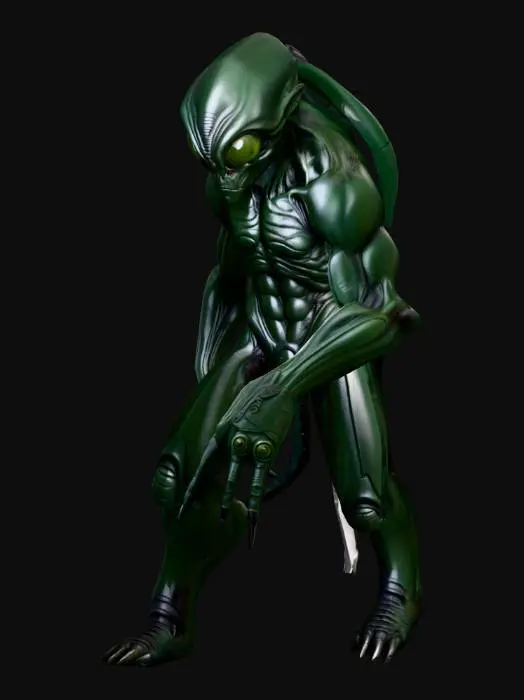 3D model for A highly detailed alien hunter model, with huge eyes in dark gray colors, with a body in dark green colors, and with a massive, muscular body and rough, in Natural A-Pose; with one weapon hunter's knife in right hand