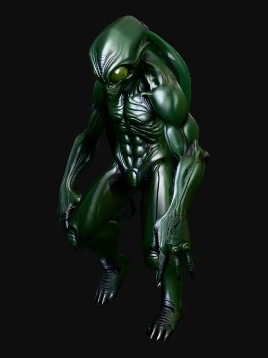 3D model for A highly detailed alien hunter model, with huge eyes in dark gray colors, with a body in dark green colors, and with a massive, muscular body and rough, in Natural A-Pose; with one weapon hunter's knife in right hand